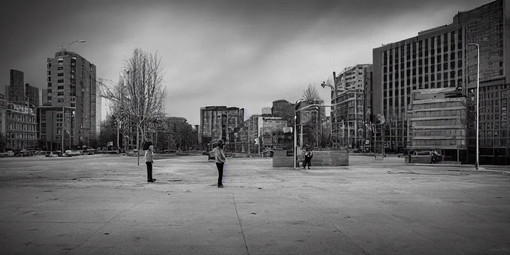 Prompt: lonely urban landscape with a few people standing by marc trujillo, emotional emptiness