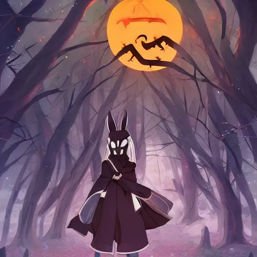Prompt: an anime about a ninja character with a fox plague doctor face mask, 9 massive fox tails trailing behind magical grim reaper robes, walking through calm forest under starry skies, halloween decorations, fireflies, wonder, anime, furry, peaceful, street view, vhs, art by yuji ikehata, trending on art station