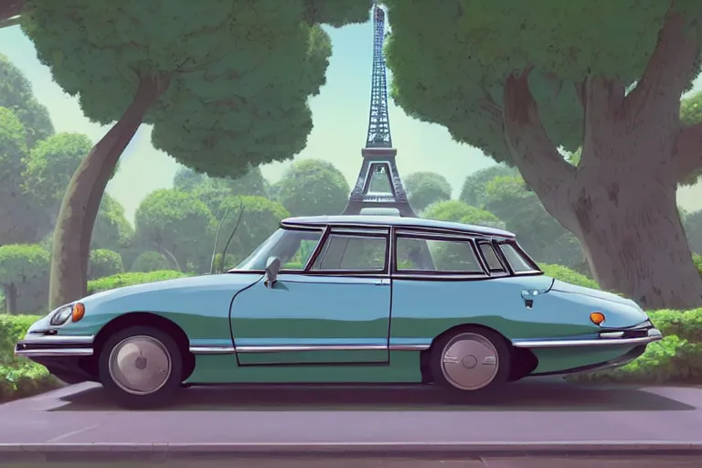 Prompt: a wholesome animation key shot of!! one!! focused! 1 9 7 4 citroen ds! in a tree lined paris street with a view of eiffel tower, medium shot, studio ghibli, ( pixar ) and disney animation, sharp, very detailed, high resolution, rendered in unreal engine 5, anime key art by greg rutkowski, bloom, dramatic lighting
