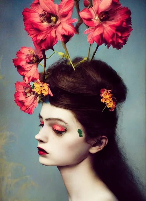 Prompt: stunning young girl With flowers in her hair, fine art portrait photography by Sarah Moon