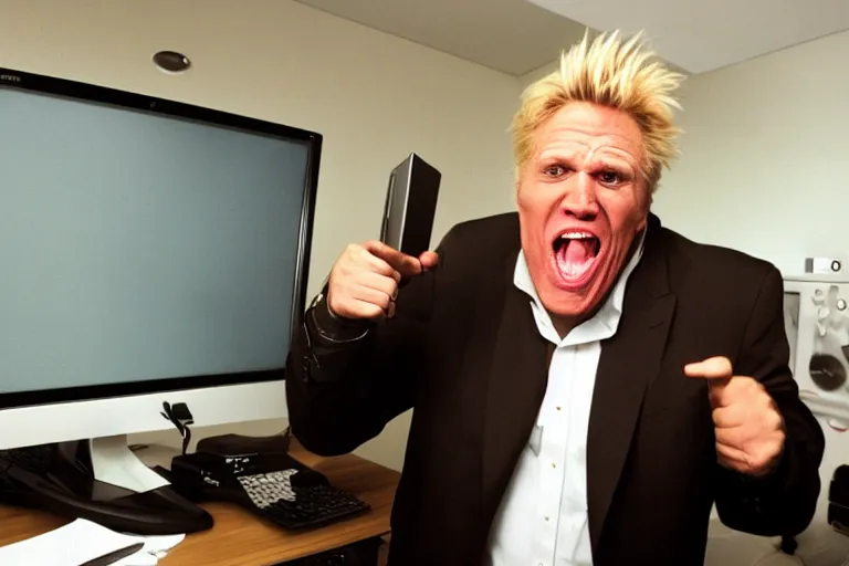 Image similar to gary busey screaming at a desktop computer in 1 9 9 9, ( sony a 7 r iv, symmetric balance, polarizing filter, photolab, lightroom, 4 k, dolby vision, photography awardm, voque, perfect face )