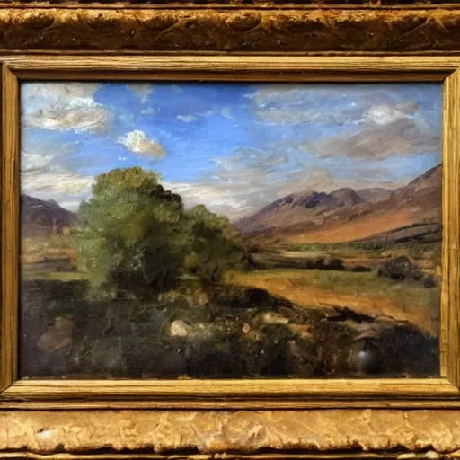 Prompt: Scottish landscape combined with desert, traditional oil painting by Constable, detailed!