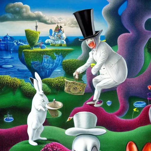 Image similar to the white rabbit wearing a top hat and vest, is looking at his pocketwatch in wonderland, by jacek yerka and salvador dali, detailed matte painting, 8 k resolution