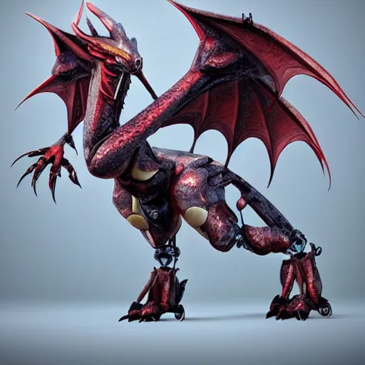 Image similar to cute anthropomorphic female robot dragon doing an elegant pose, with two big epic wings behind her, two arms that have sharp claws, two legs, a human skull under one foot, a long tail; high quality digital art, artstation, unreal engine HD render, deviantart, furaffinity