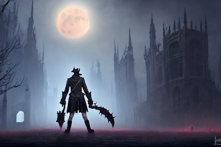 Image similar to an ultra matte painting of a big daddy in the style of bloodborne, concept art by art by john collier and albert aublet and krenz cushart, scary shadows, blood moon eclipse, octane render, liminal space