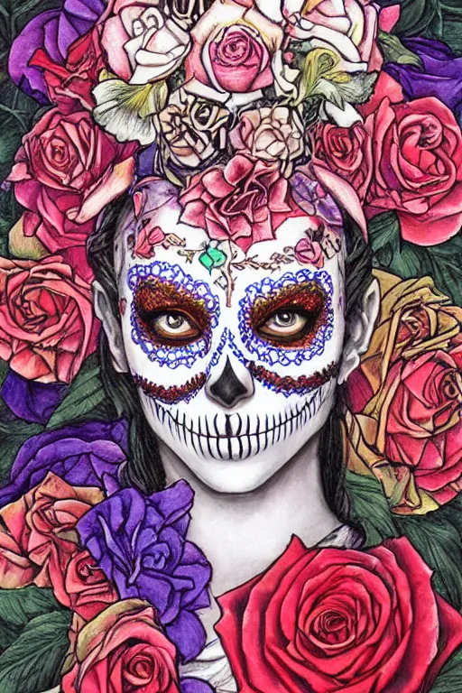 Image similar to Illustration of a sugar skull day of the dead girl, art by ayami kojima