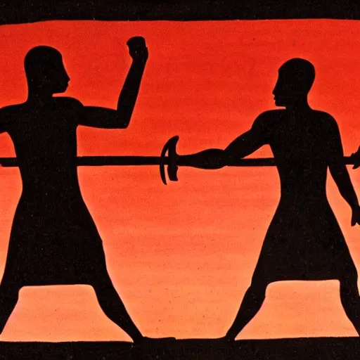 Prompt: cinematic still of silhouettes of two Mediterranean skinned men fighting in ancient Canaanite clothing, murder, knife, death, middle eastern field background, red hues, epic