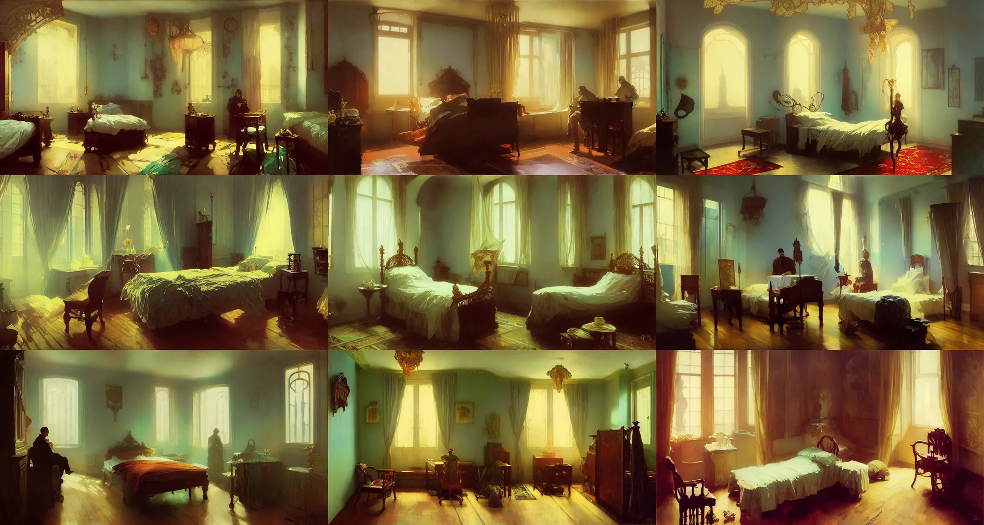 Prompt: small bedroom, minimalistic, art nouveau architecture, art by joseph leyendecker, ivan aivazovsky, ruan jia, reza afshar, marc simonetti, alphonse mucha