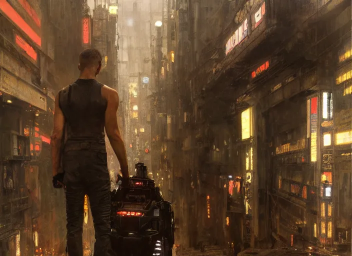 Image similar to blade runner with four robotic legs ( blade runner 2 0 4 9, dystopian, cyberpunk 2 0 7 7 character design ). orientalist portrait by john william waterhouse and james gurney and theodore ralli and nasreddine dinet, oil on canvas. cinematic, hyper realism, realistic proportions, dramatic lighting, high detail 4 k