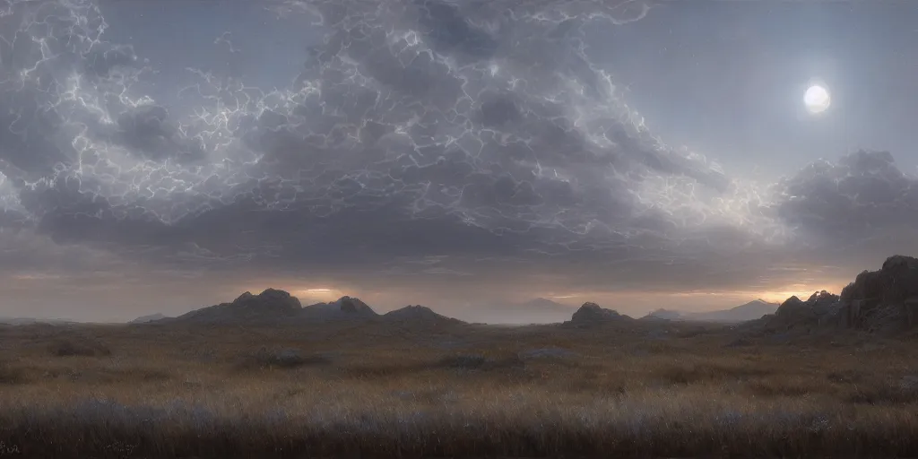 Prompt: the cloudy moonlit sky, landscape art by donato giancola and greg rutkowski, digital art, trending on artstation, symmetry!!, volumetric lighting, high contrast