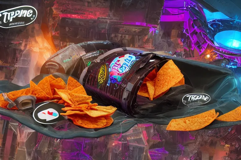 Prompt: product photo of a bag nachos, nachos bag is labeled tripmachine, realistic digital art, label is printed with a 3 d render of a huge futuristic steampunk generator, 8 k, fluorescent colors, halluzinogenic, multicolored, exaggerated detailed, unreal engine