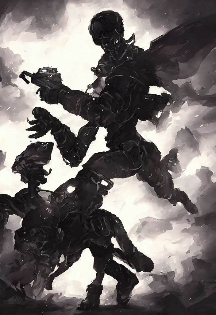 Image similar to digital art, android soldier fighting shadow demon