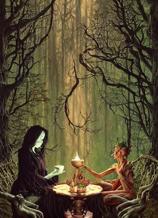 Image similar to witch having tea at a shrine in the woods gorgeous lighting, lush forest foliage a hyper realistic painting by chiara bautista and beksinski and norman rockwell and greg rutkowski weta studio, and lucasfilm