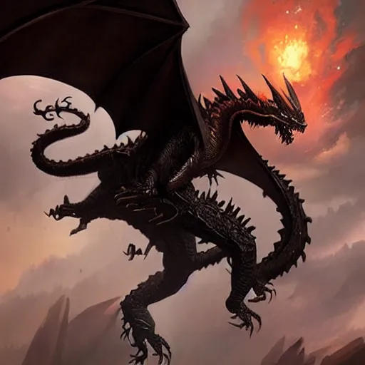 Image similar to flying black dragon, d & d, fantasy, greg rutkowski,