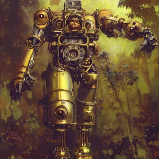 Image similar to highley detailed potrait of an anatomically correct robotic gorilla mecha, painting by gaston bussiere, craig mullins, j. c. leyendecker, lights, art by ernst haeckel, john william godward, hammershøi,