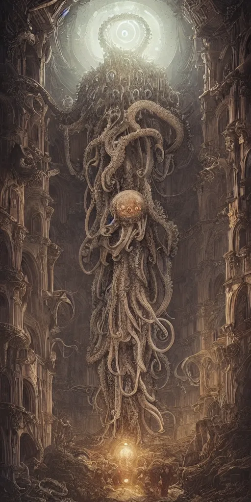 Image similar to group of mankind species mages with enormous octopus heads and jellyfish floating around inside an ancient mage castle hall colossal scale, gothic and baroque, brutalist architecture, ultradetailed, intricate details by Ellen Jewett and Ayami Kojima