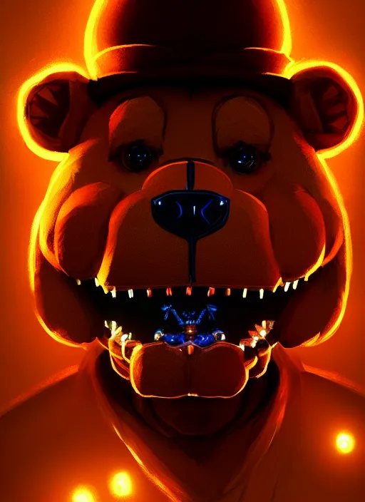 Prompt: portrait of freddy fazbear, intricate, elegant, glowing lights, highly detailed, digital painting, artstation, concept art, sharp focus, illustration, art by wlop, mars ravelo and greg rutkowski