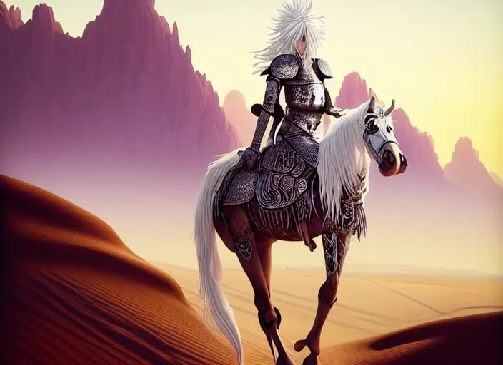 Prompt: a white hair girl with knight colosuss, crossing the desert, beautiful and aesthetic, full body, dramatic pose, intricate, highly detailed, detailed face, smooth, sharp focus, specular light, occlusion shadow, artgerm, artstation, art by mika pikazo and ilya kuvshinov and rembrandt and greg rutkowski, fantasy illustration