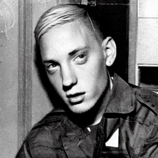 Prompt: picture of eminem, 1942 photo, destroyed, colorized