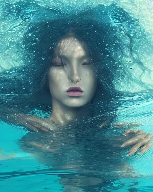 Prompt: portrait of woman underwater during sunrise, sunrays, flowing fabrics, caustics, rippling water, photoshoot, flowing hair, haunting, iconic, fine-art, masterpiece, trending on artstation