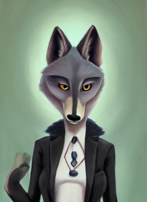 Image similar to oil painting of anthromorphic female wolf, in style of zootopia, female fursona, furry, furaffinity, 4 k, deviantart, furry art, fursona art, wearing black business suit, business suit, wolf fursona, female, very expressive detailed feminine face,