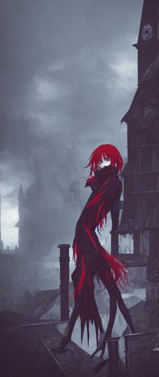 Image similar to goth Asuka Langley in a hood on the roof of a gothic house, Dishonored aesthetic, cinematic lighting, rainy weather, melancholy atmosphere, artstation, Dunwall city, gothic architecture, volumetric light, octane render, Dishonored game, Dishonored 1, depression and despair