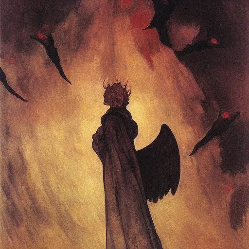 Prompt: aesthetically pleasing image of the whitewinged angel of death wearing a crimson and black robe descending on the lonesome faceless phantoms in their graves jamie wyeth paul cezanne arthur rackham edward hopper oil painting