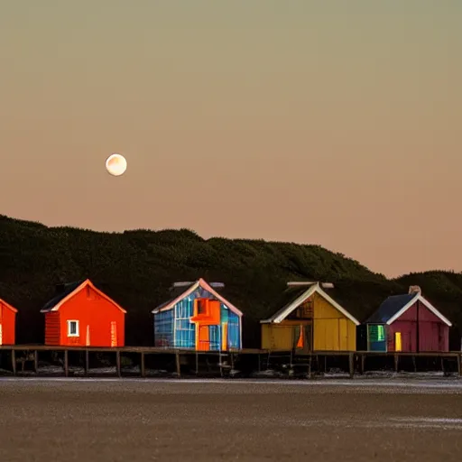 Prompt: there was a lovely orange super moon over the beach huts and the isle of wight, photo take by an amateur photographer