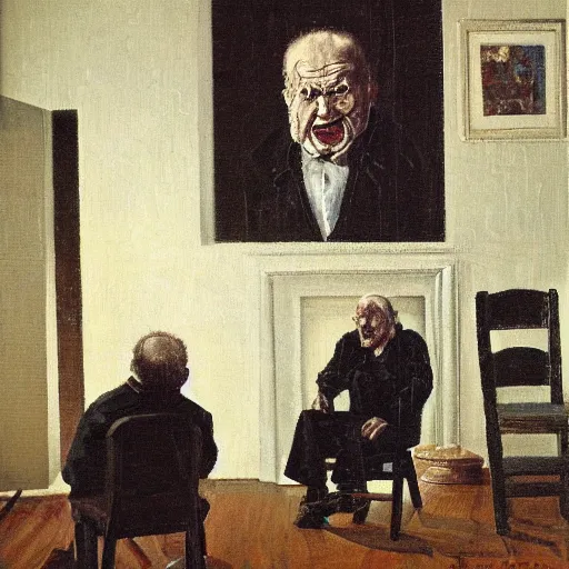 Image similar to angry old man in chair inside a dark house, painting by by ralph grady james, jean christian biville