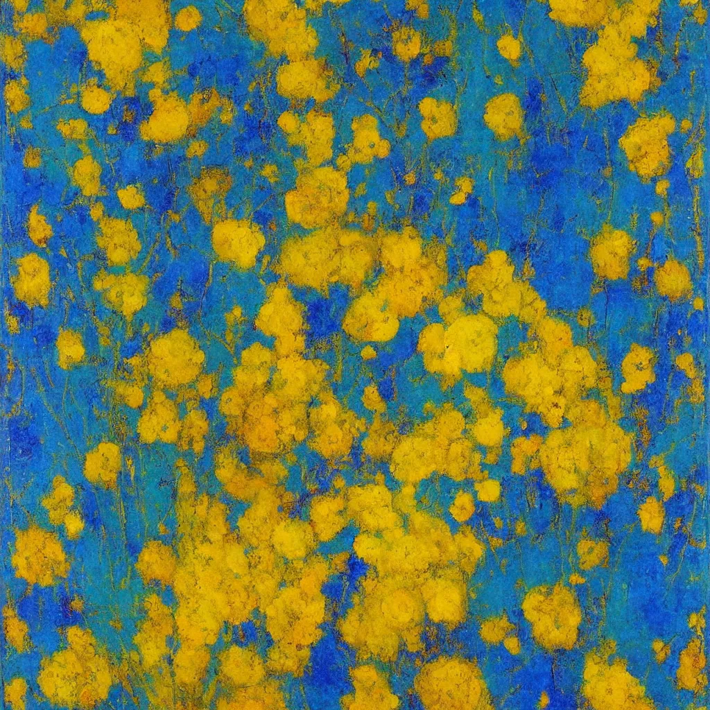 Image similar to “ yellow and blue flowers on background of golden leaves wall panel by odilon redon ”