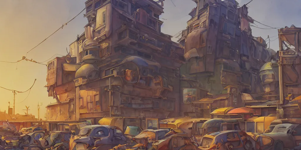 Image similar to overwatch building, stylized, exterior, architecture, in watercolor gouache detailed paintings, insanely detail, artstation, 8 k, futuristic, big medium small, arcane, simon stalenhag, food stall, interesting shapes & form, golden ratio, megastructures, desolate landscape, desert, slums, junkyard, oriental, asian, japanese alleyway