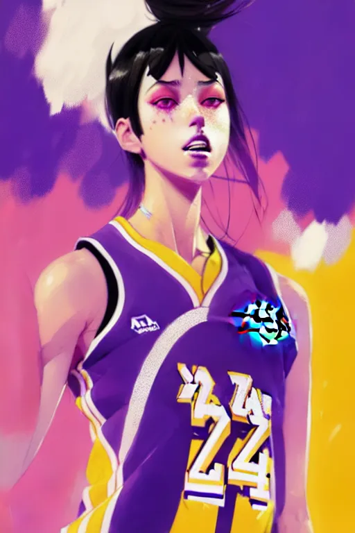 Image similar to a ultradetailed beautiful panting of a stylish girl in a los angeles lakers jersey, by conrad roset, greg rutkowski and makoto shinkai, trending on artstation