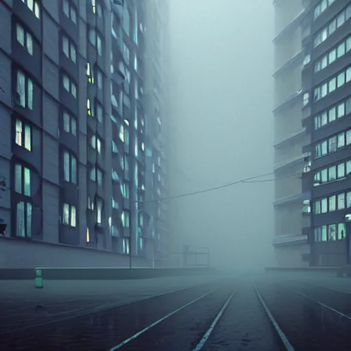 Prompt: Iridescent ghost lights spotted on a rainy street, mysterious lights, Soviet town, mass housing, Soviet five-story panel buildings, brutal concrete architecture, lush vegetation, foggy, post-processing, in the style of Hugh Ferriss, Behance. High detail, ultra realistic render, octane, 3D, photorealism, symmetric, cinematic