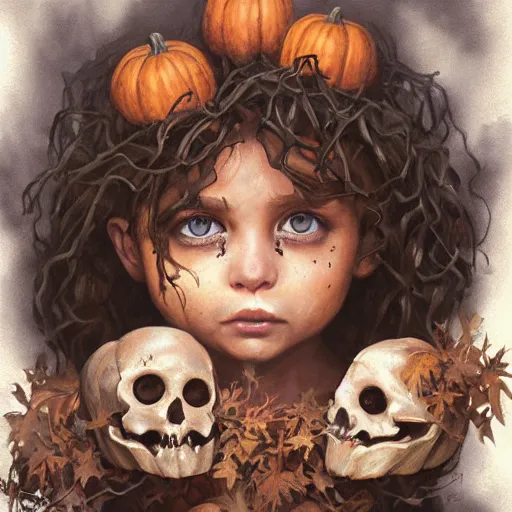 Image similar to a cute little girl with light brown wavy curly hair and blue eyes sitting amidst piles of skulls and pumpkins. beautiful cute highly detailed face. spooky halloween themed painting by artgerm and greg rutkowski and magali villanueve.