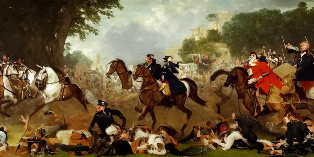 Image similar to Donald trump defending mar-a-lago from an fbi raid, 1851 oil-on-canvas painting by Emanuel Leutze, highly detailed, museum of art