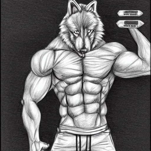 Image similar to master furry artist pencil sketch full body portrait character study of the anthro male anthropomorphic wolf fursona animal person wearing gym shorts bodybuilder at gym