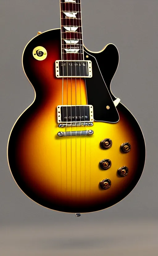 Image similar to award winning photograph of a gibson les paul vintage sunburst, 3 d hyperrealistic 8 k image style, detailed render, stunning studio photograph with dramatic lighting, depth of field