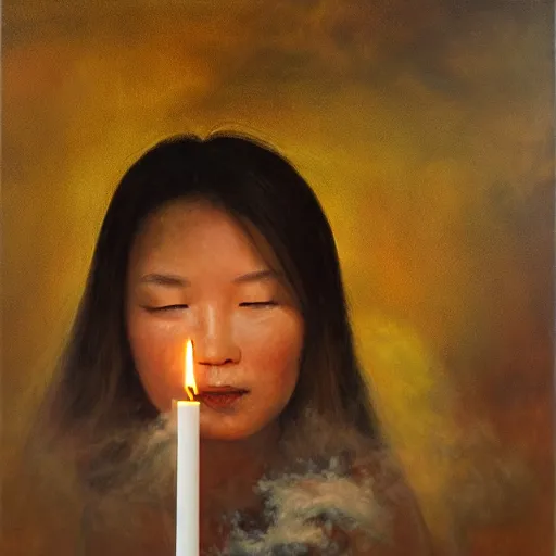 Image similar to oil painting, ying yong, spirit out of smoke big candle, deep photo, high resolution, art contemporary