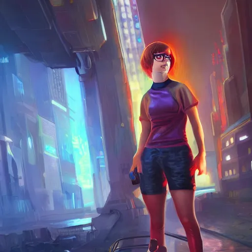 Image similar to cyberpunk velma dinkley, oil painting, intricate, detailed, volumetric lighting, scenery, digital painting, highly detailed, artstation, sharp focus, illustration, concept art,