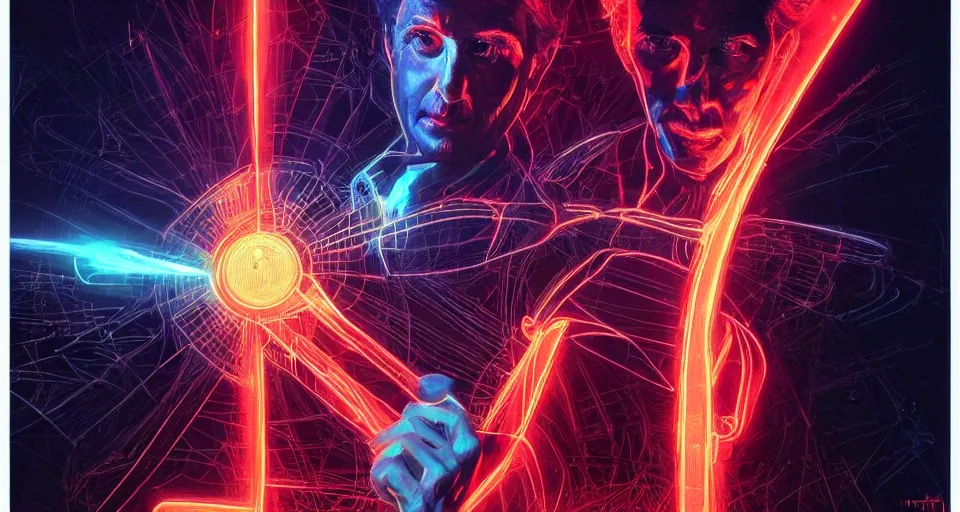 Prompt: nikolai tesla, a portrait, electrical arcs, neon glow, highly detailed, digital art, intricate, dramatic lighting, neon colors, cinematic, holographic runes, art by artgerm, greg rutkowski, guy denning