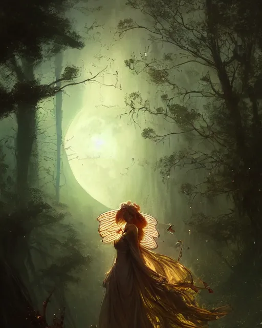 Image similar to a portrait of beautiful fairy goddness fly high in the night, d & d, fantasy, mist, full moon in background, trees, hyper detailed,, midium shot, an oil painting by ruan jia, trending on artstation, concept art, sharp focus, illustration, gaston bussiere, craig mullins, j. c. leyendecker, beautiful lighting