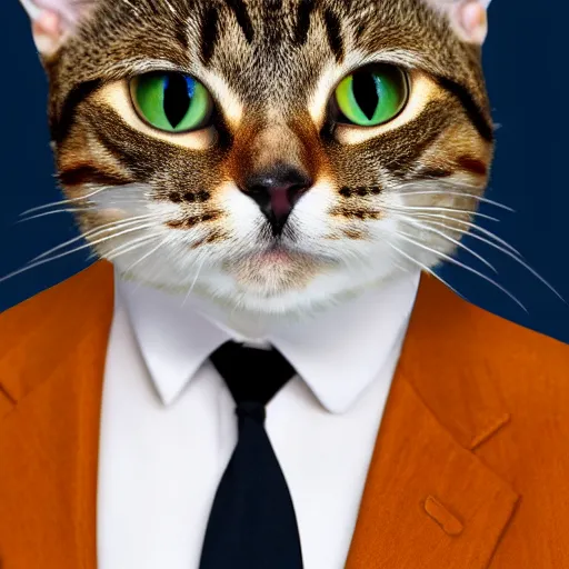 Image similar to a high detail shot of a cat wearing a suit, realism, 8k