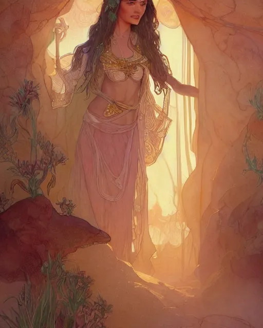 Image similar to bedouin in the desert, highly detailed, gold filigree, romantic storybook fantasy, soft cinematic lighting, award, disney concept art watercolor illustration by mandy jurgens and alphonse mucha and alena aenami, pastel color palette, featured on artstation