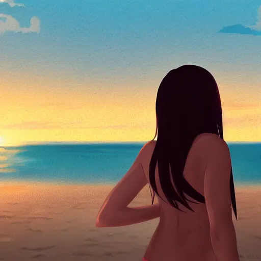 Image similar to girl looking at the sea on the beach during sunset, realistic shaded, highly detailed, anime, realistic