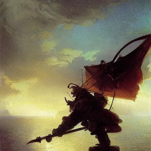 Image similar to art by ivan aivazovsky and syd mead and moebius and gaston bussiere and roger dean and pieter claesz and paul delaroche and alma tadema and aelbert cuyp and willem claesz, a fantasy cinematic close up shot of a dwarf berserker, warhammer, dnd, last stand