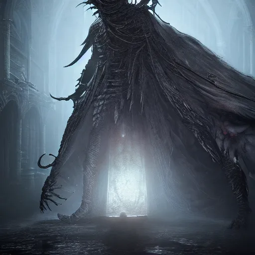 Image similar to a highly detailed digital image of a bloodborne creature, by Andrea Chiampo, artstation and Frederik Heyman, extremely detailed, stunning volumetric lighting, hyper realism, fantasy 4k