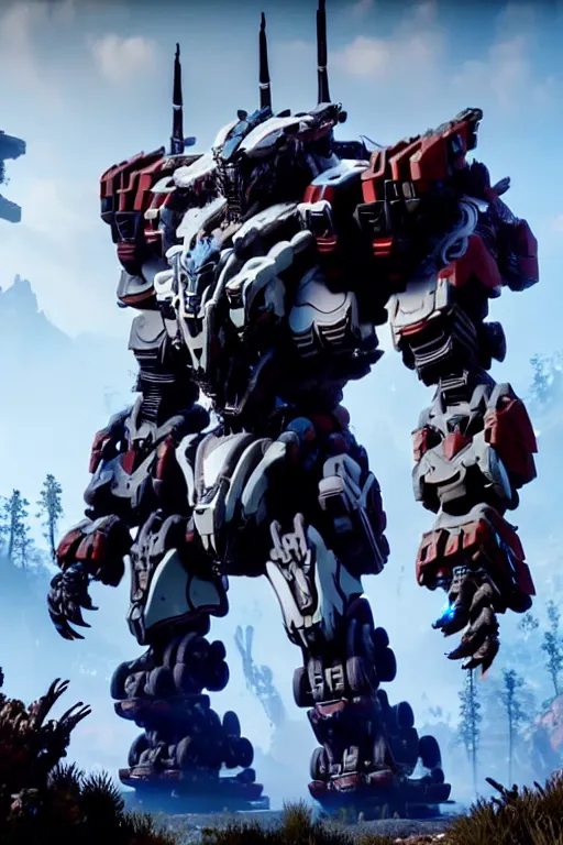 Image similar to a cinematic still from horizon zero dawn, dark grey decepticon mech, decepticon armor plating, octane render, nvidia raytracing demo, masterpiece, aged armor plating, aggressive head,