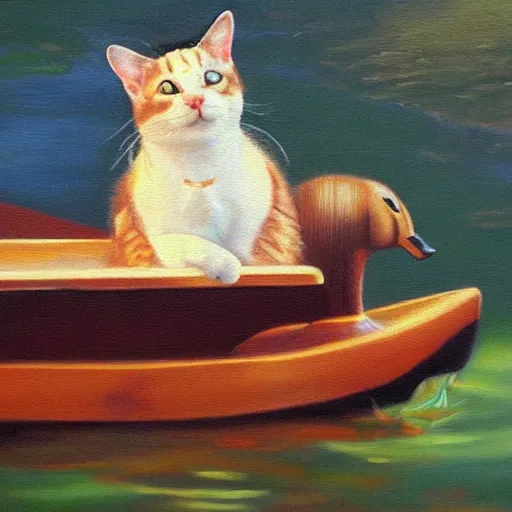 Image similar to cat riding a duck, detailed oil painting