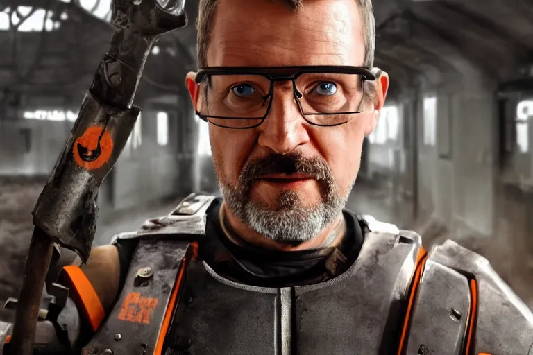 Image similar to vfx movie closeup real life gordon freeman holding wearing futuristic armor, half life logo on chest, crowbar in russian train yard by emmanuel lubezki