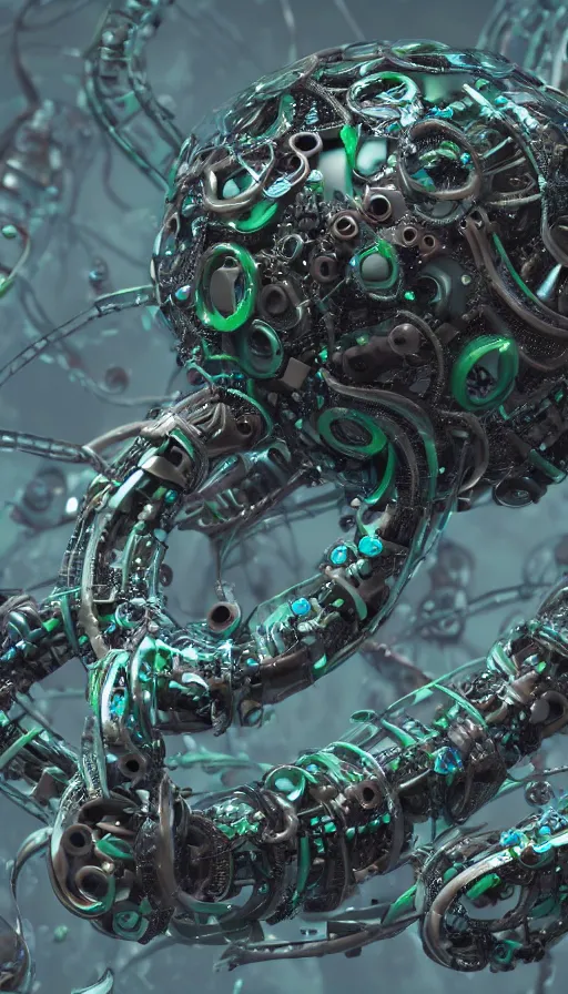 Prompt: a single bio mechanical tentacle, robotic but also organic, made up of lots of small parts, wet, shiny, horror, clinical, cyberpunk, vaporwave, futuristic, octane render, 8k, hyper realistic, super detailed